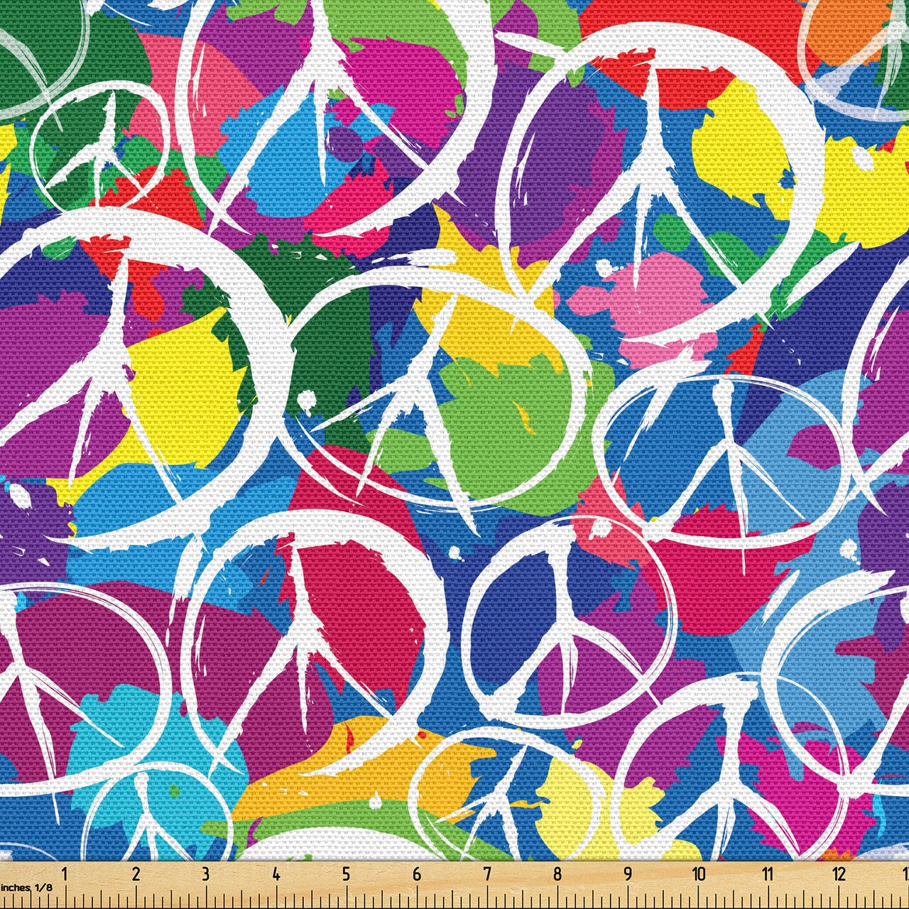 Ambesonne Retro Fabric by The Yard, Universal Peace Sign on Colorful Pop Art Style Background Pacifist Activism, Decorative Fabric for Upholstery and Home Accents, 5 Yards, Purple Blue